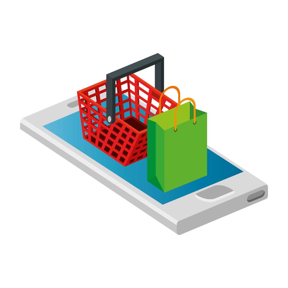 smartphone con bolsa y cesta de compras. vector