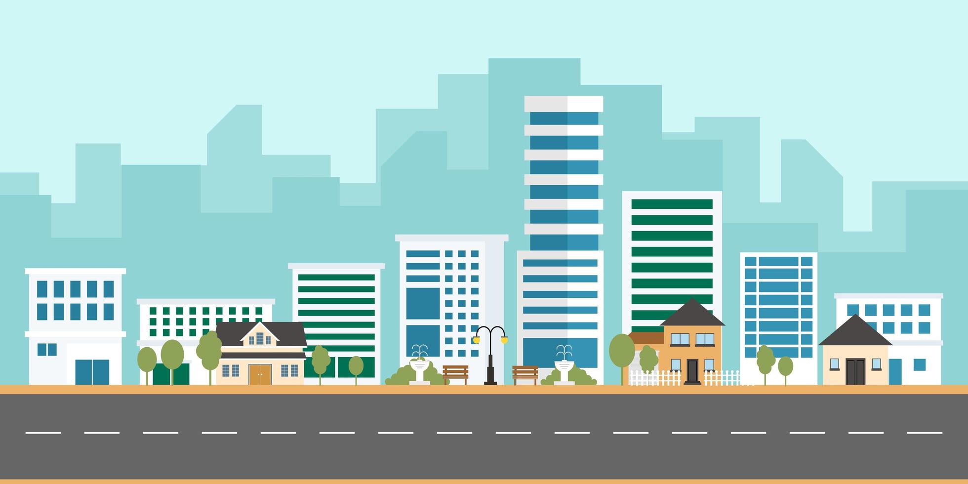 Urban landscape vector with modern buildings and suburb with private houses on a background.