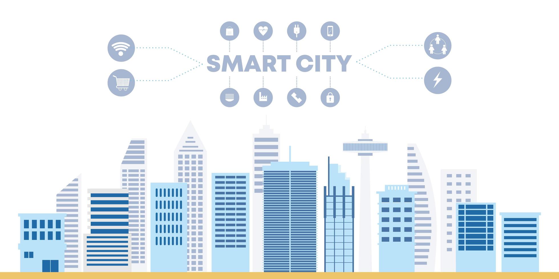 Flat vector smart city, buildings and city scrapper communication network.