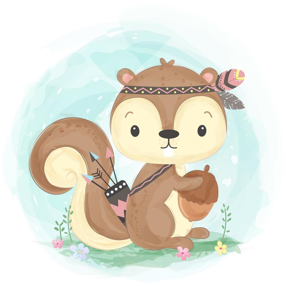 Adorable tribal squirrel illustration in watercolor style vector