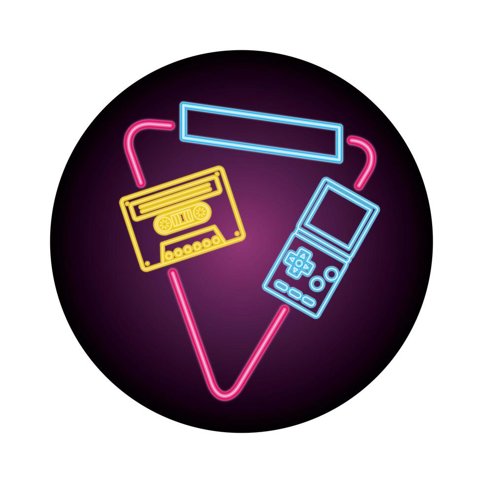 video game handle with cassette nineties style neon light vector