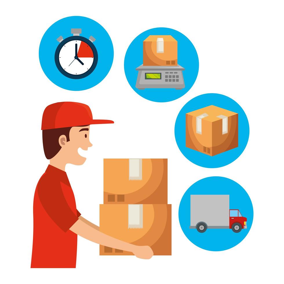 worker of delivery service lifting boxes and set icons vector