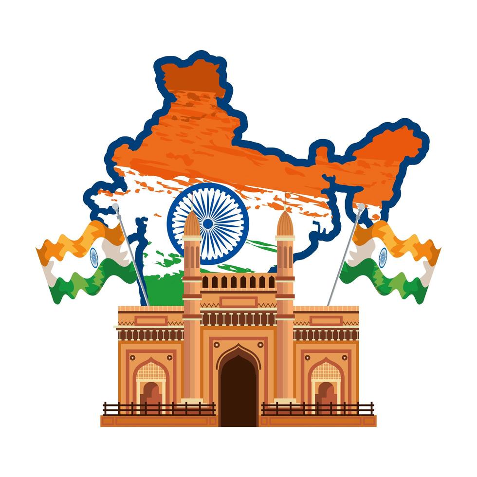 mapa con bandera india y edificio de la puerta vector