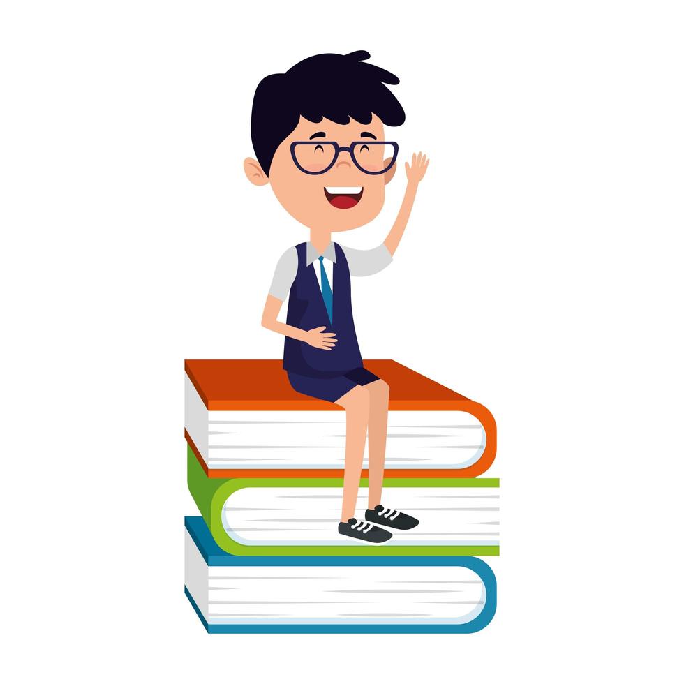 happy student boy seated in pile books vector
