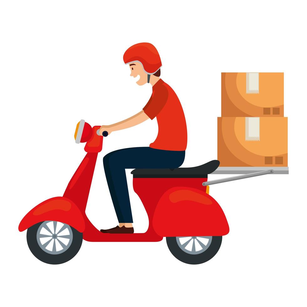 worker of delivery service in motorcycle with boxes vector