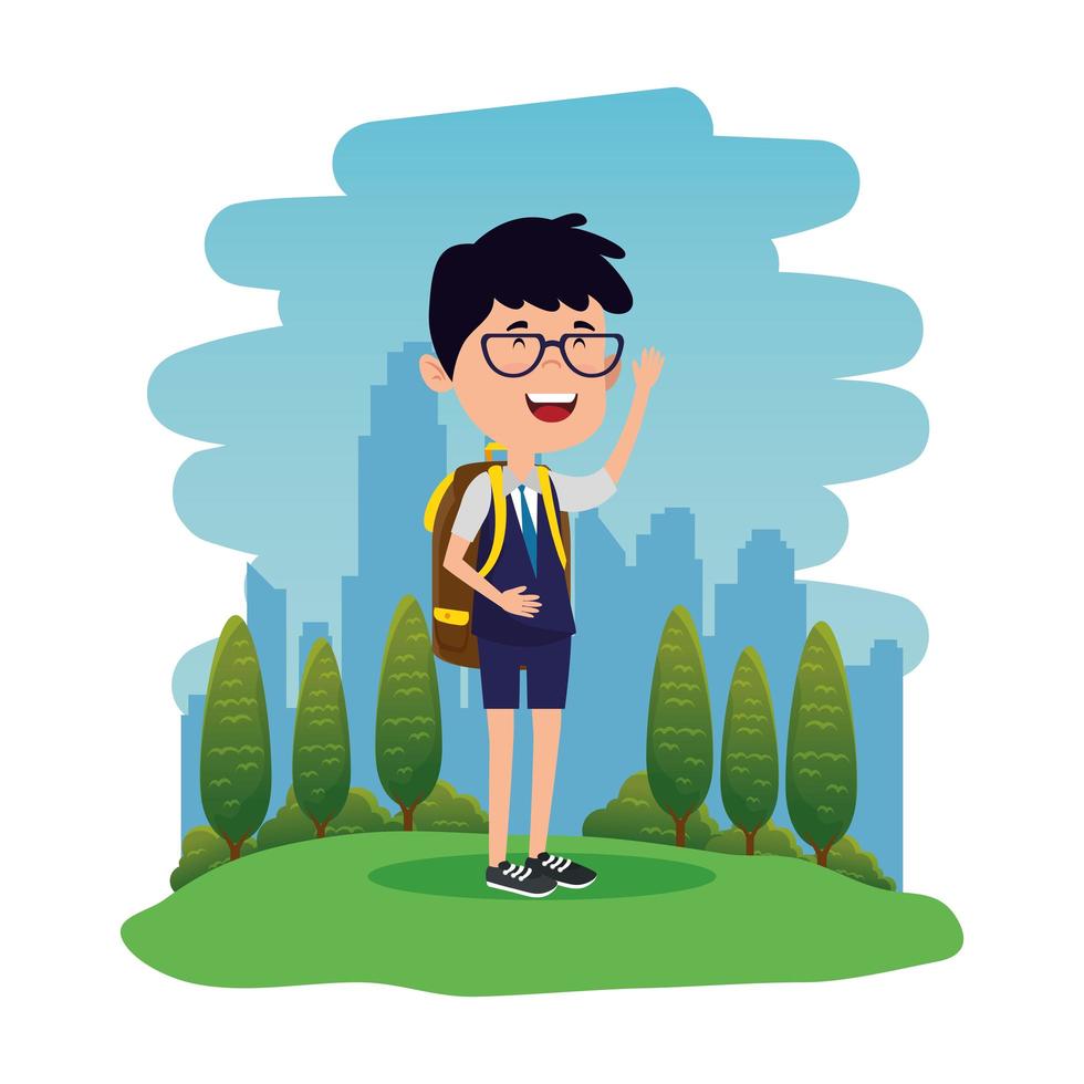 happy student boy with schoolbag in the field vector