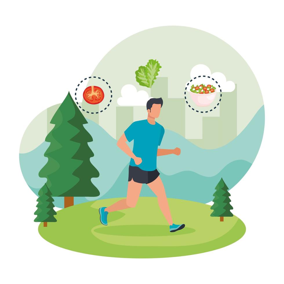 Hombre atlético corriendo en el paisaje con comida sana vector