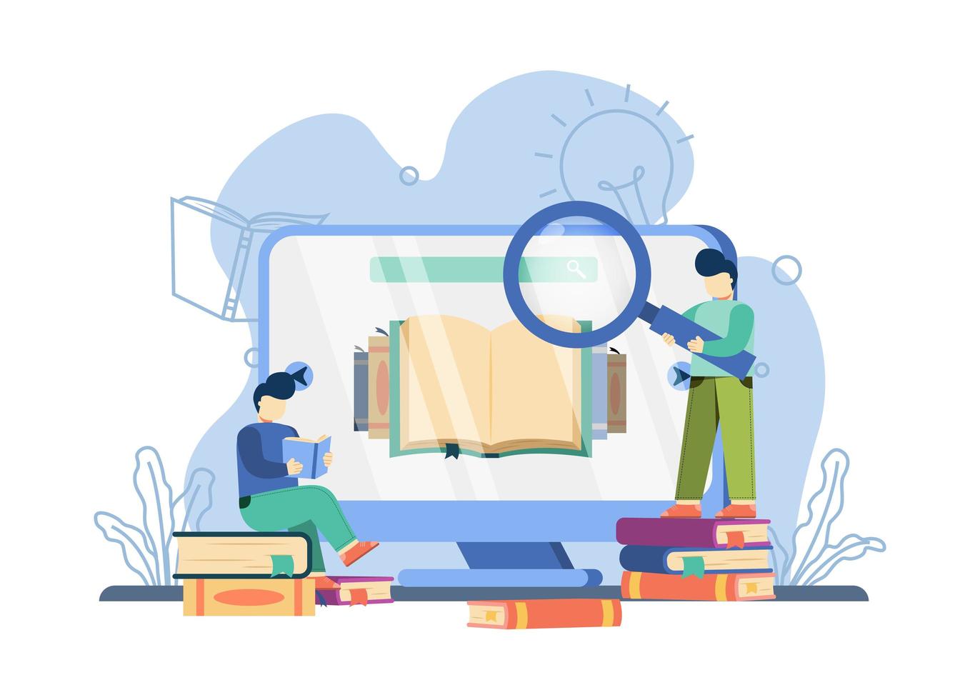 Man carrying magnifying glass on online library concept vector