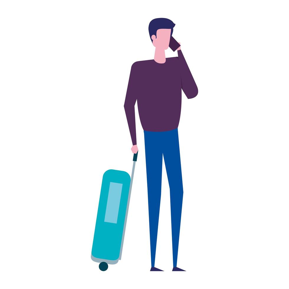 young man with travel suitcase and smartphone vector