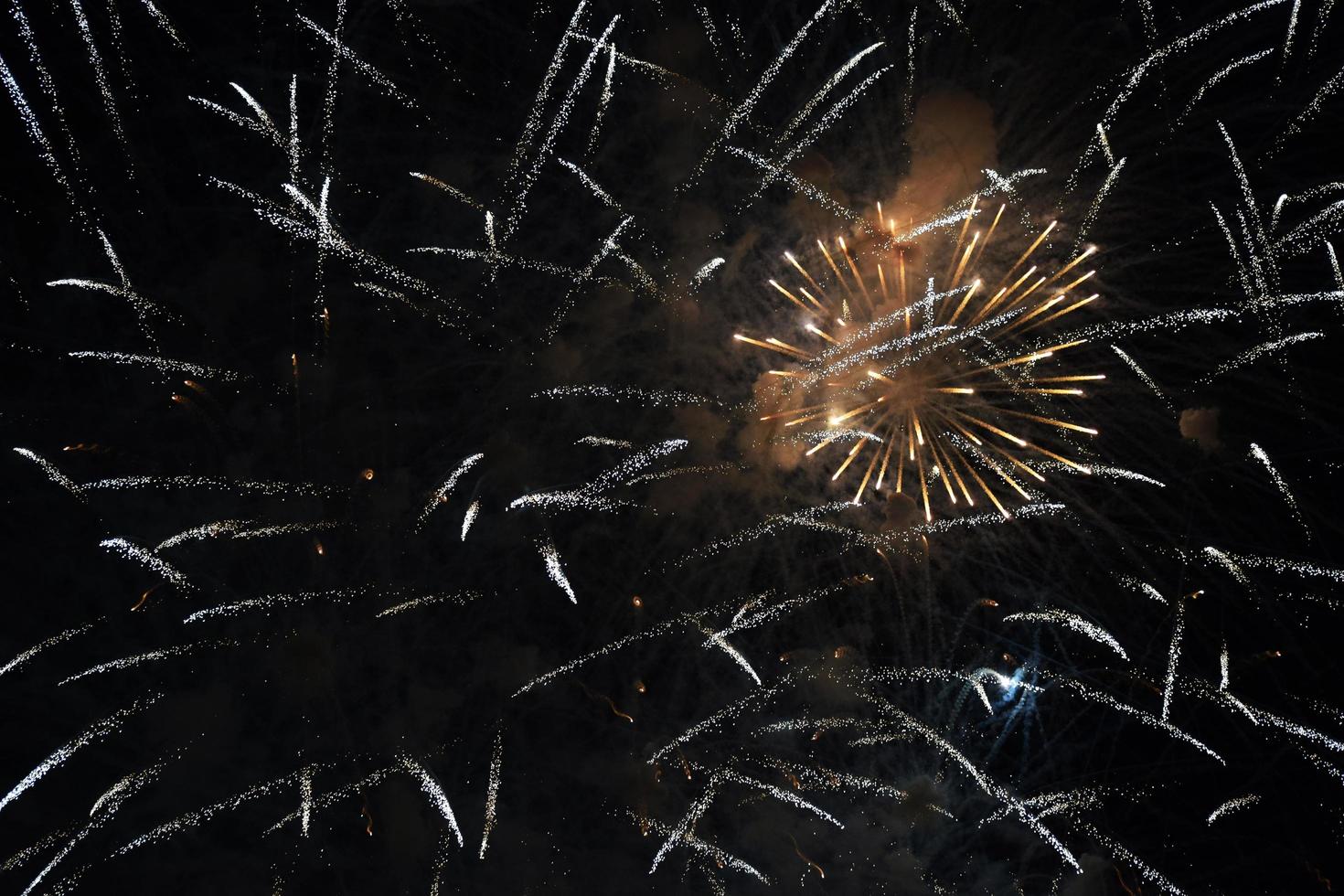Fireworks streaks against black night sky photo
