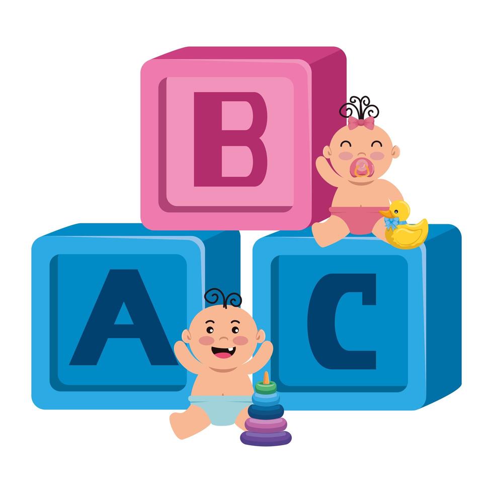 alphabet blocks toys with little babies vector