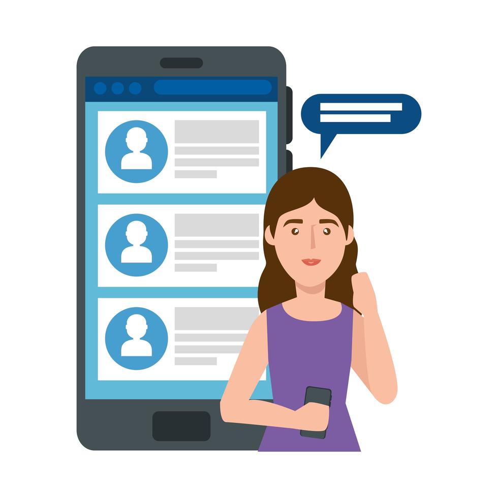 young woman and smartphone with chat vector