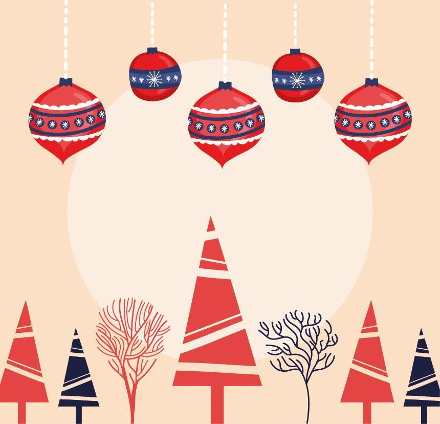 feliz navidad tarjeta con adornos colgando vector