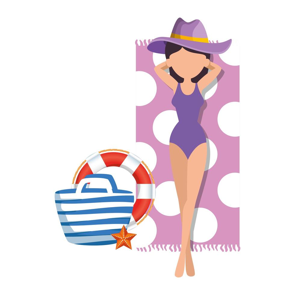 beautiful woman with swimsuit and bag relaxing in towel vector