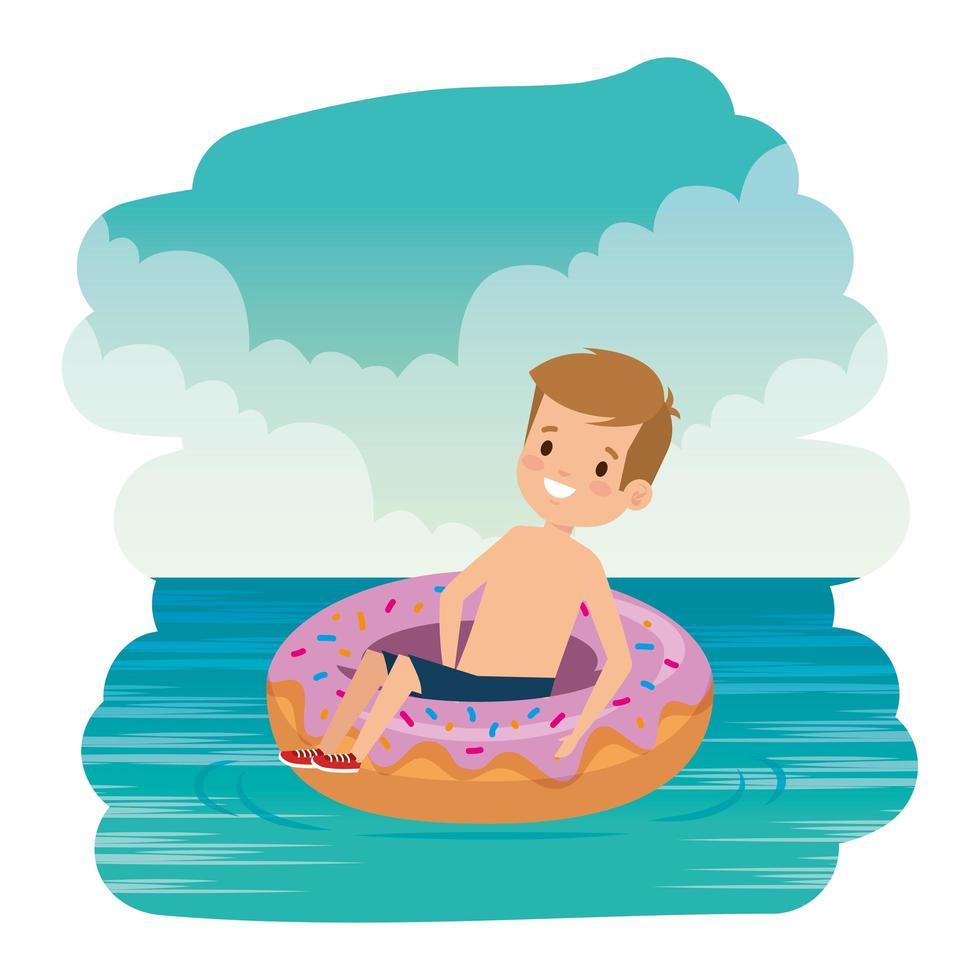 lindo niño con traje de baño y donut flotando en el mar vector