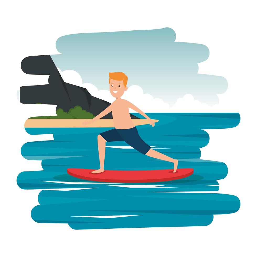 happy athletic boy practicing surf in the sea vector