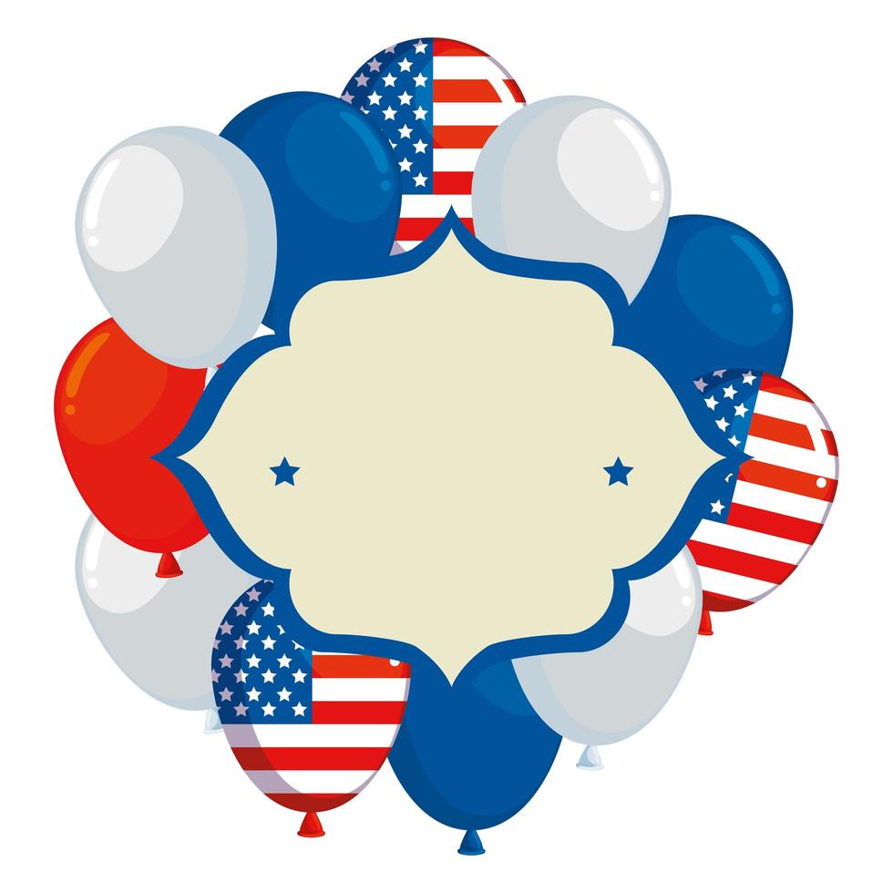 Marco con globos de helio flotante y bandera de EE. UU. vector