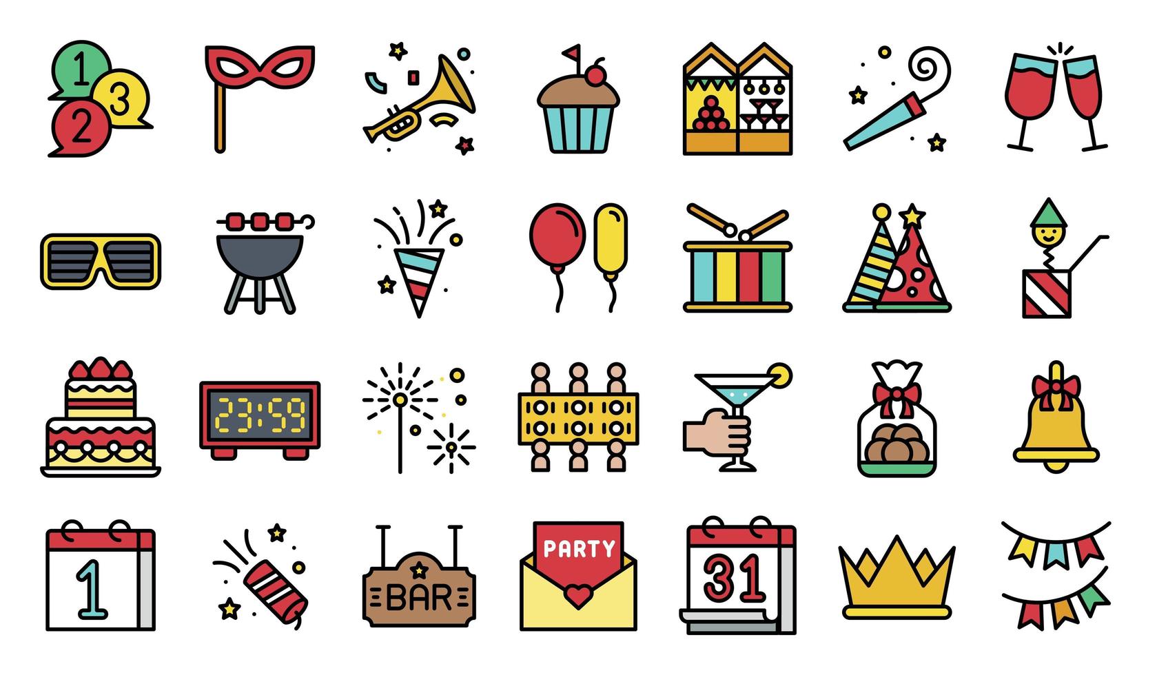 New year party elements filled icon set vector