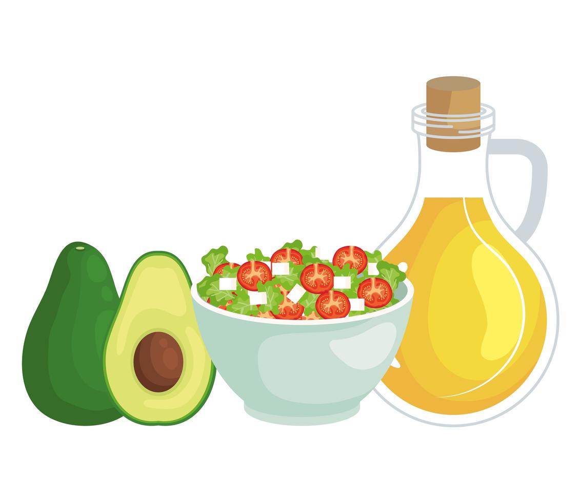 ceramic bowl vegetables salad with olive oil and avocado vector
