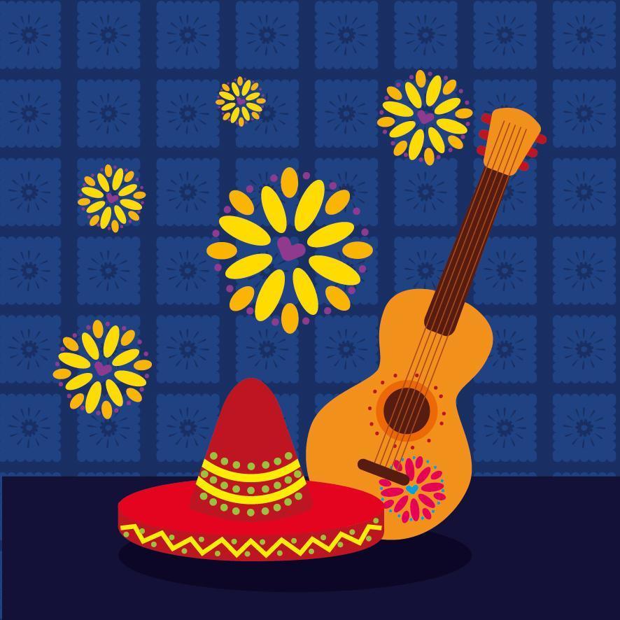 Diseño de vector de guitarra y sombrero mexicano