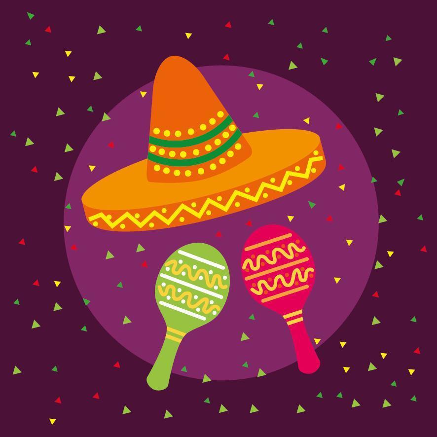 Mexican maracas and sombrero hat vector design
