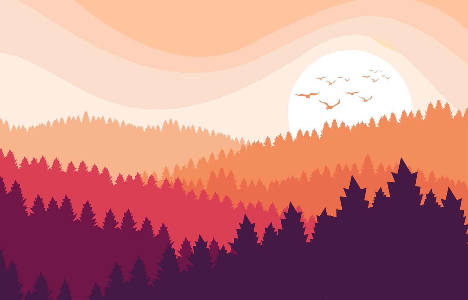 paisaje de bosque plano con fondo de puesta de sol vector