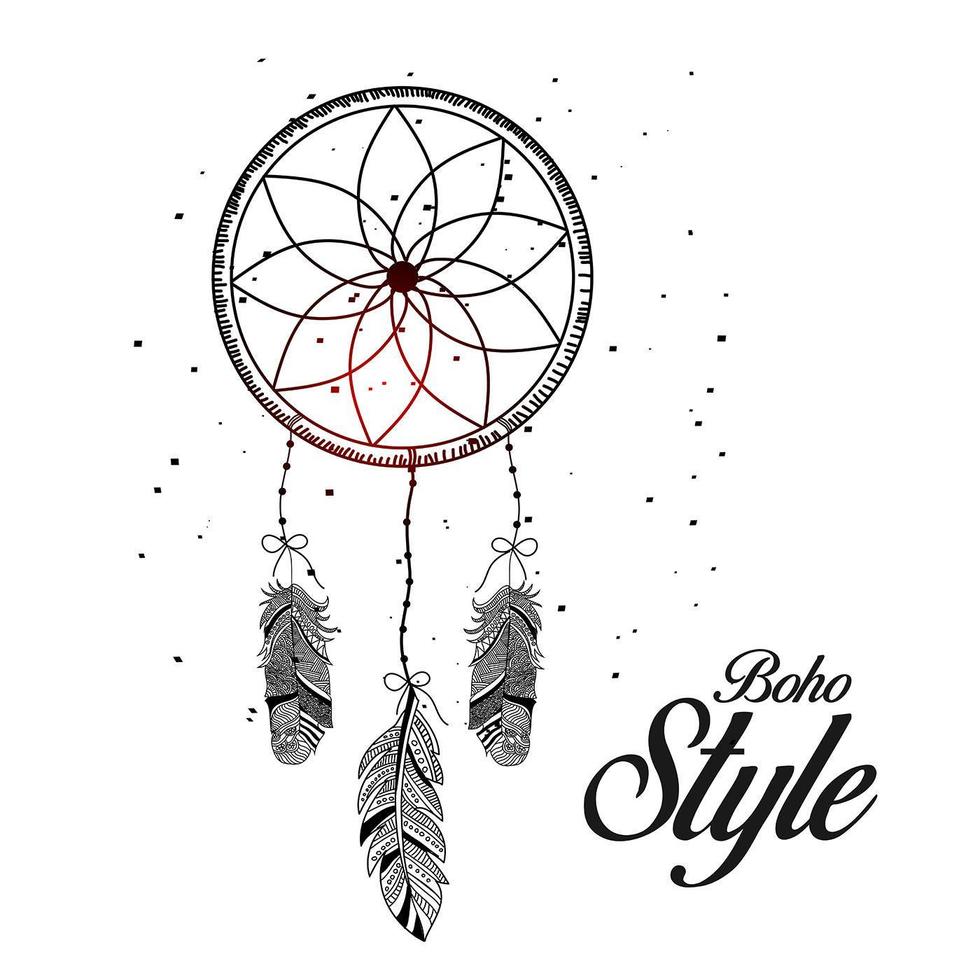 Hand Drawn boho style in decorative circle with feathers. vector