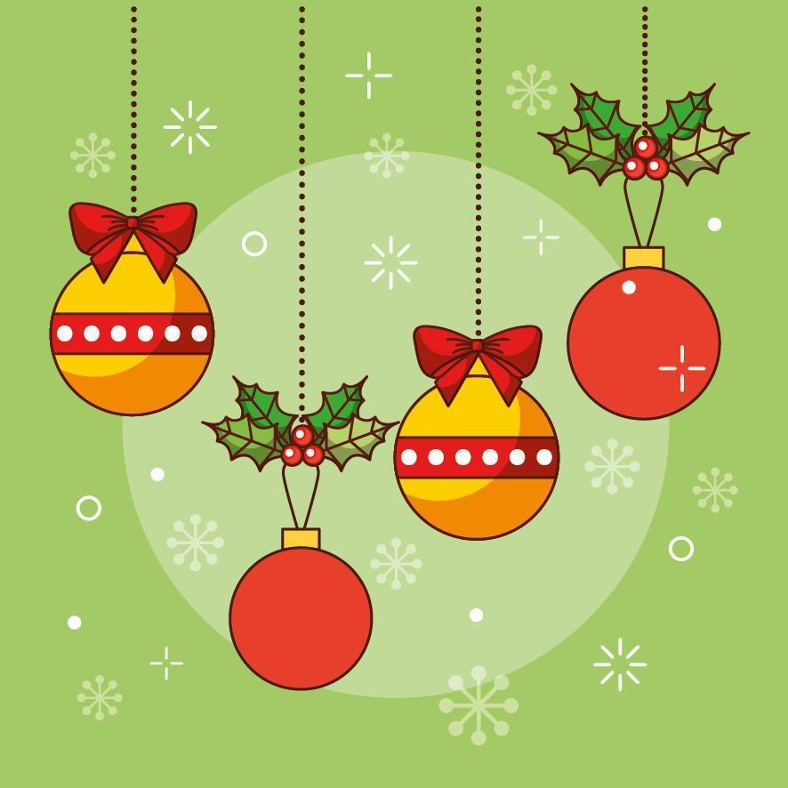 Merry Christmas card with ornaments hanging vector