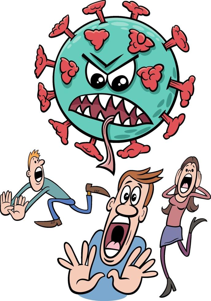 coronavirus and people run away in panic cartoon illustration vector