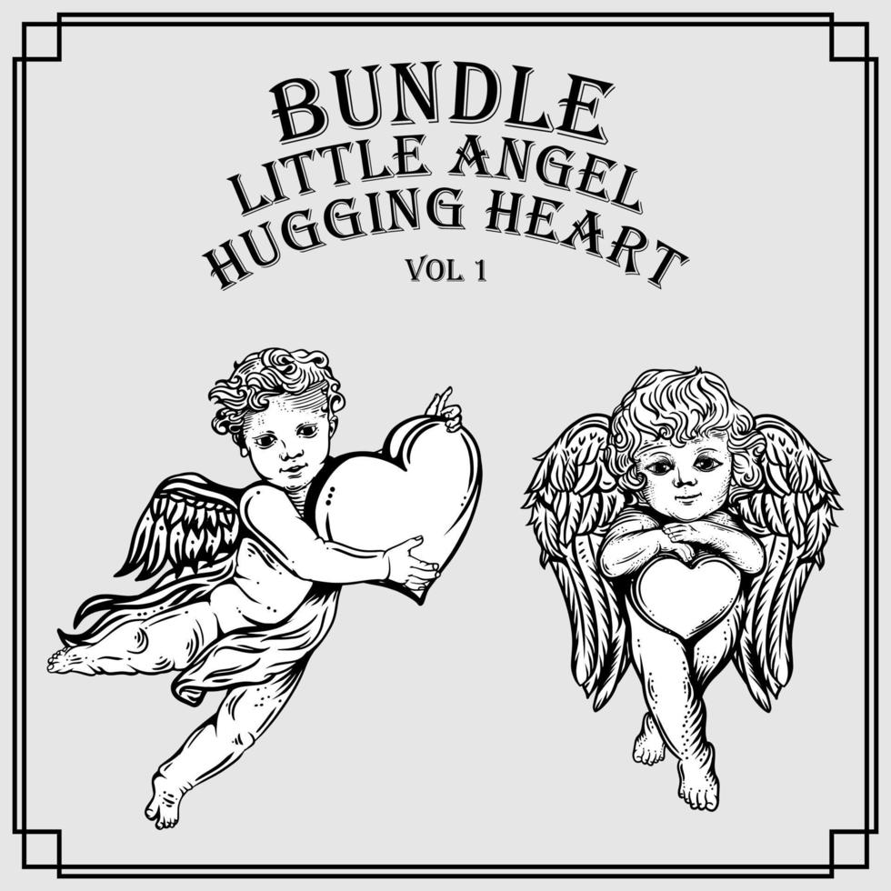 Set of little angel hugging heart illustration vector