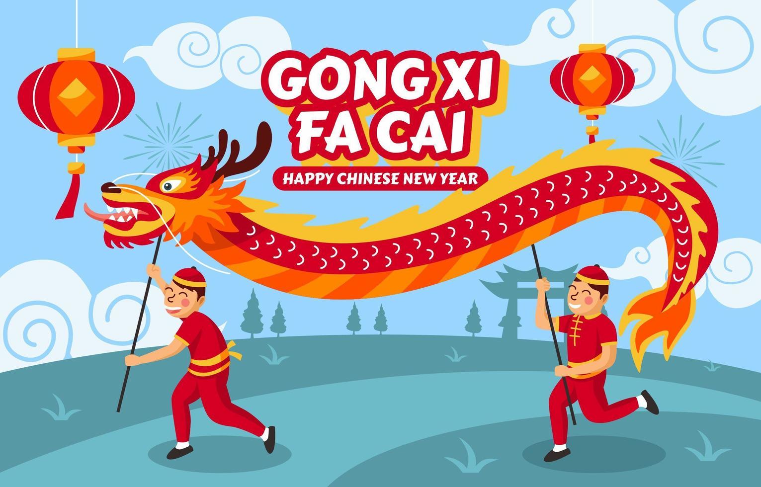 gong xi fa cai con concepto de danza del dragón vector