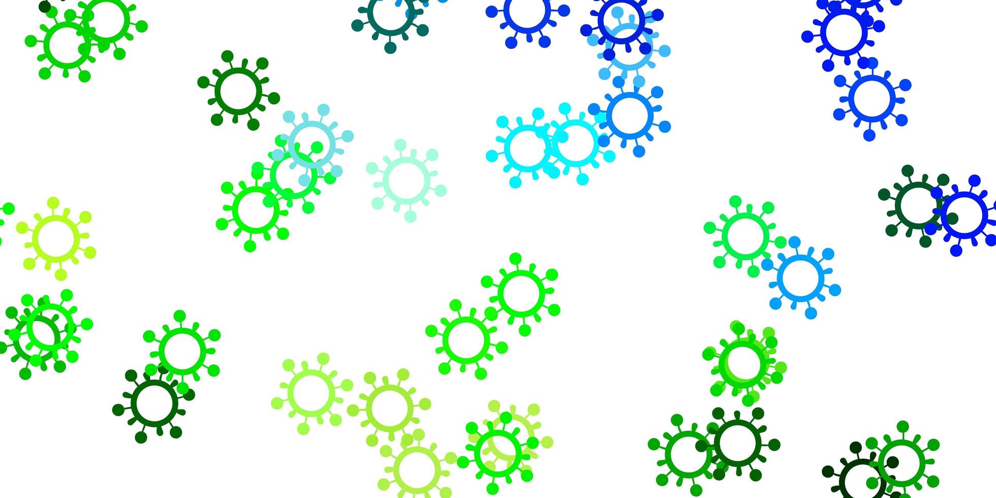 Fondo de vector azul claro, verde con símbolos covid-19.