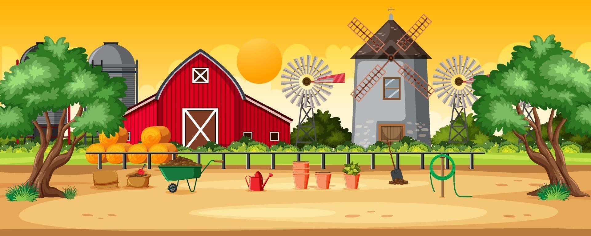 Rural farm landscape sunset vector