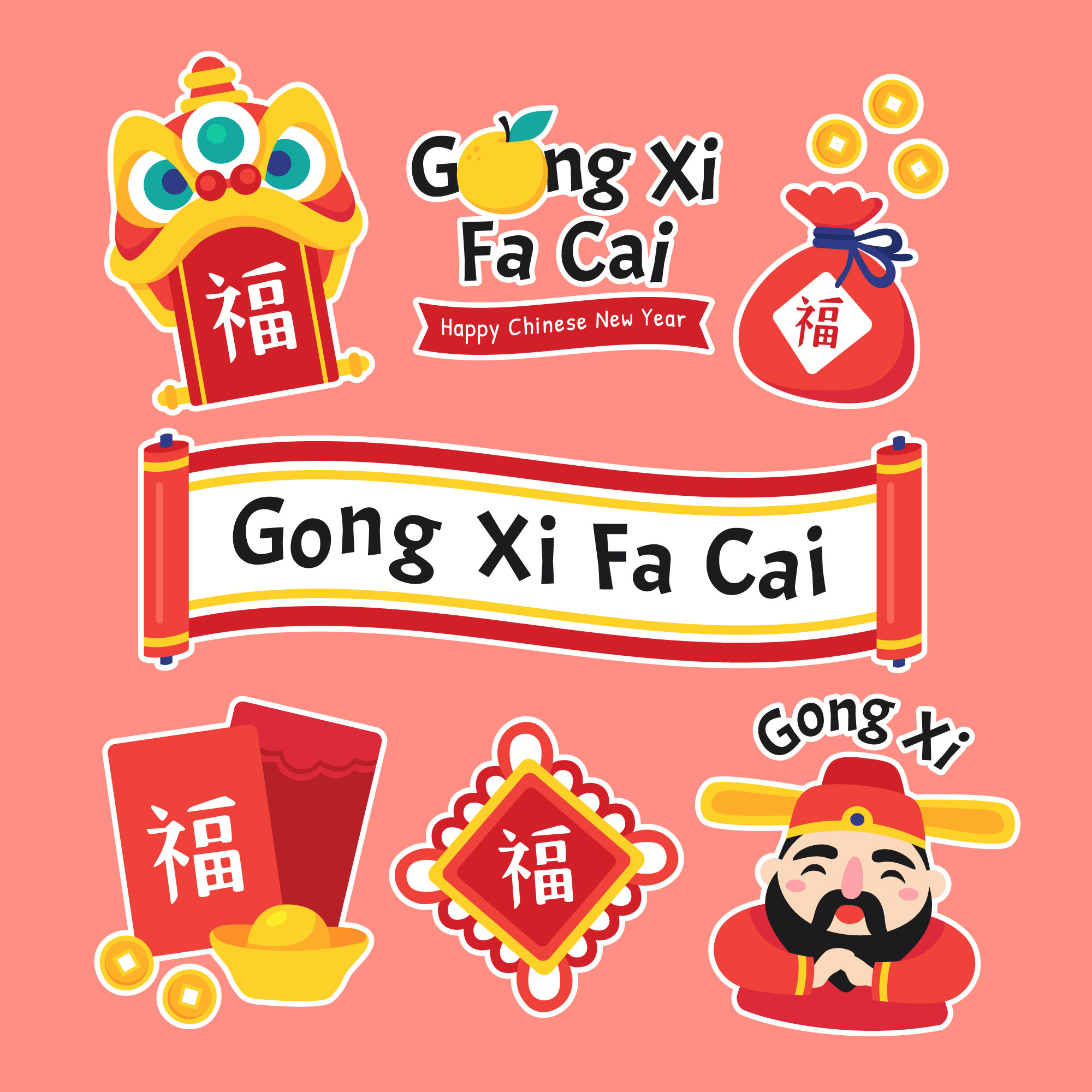 Gong Xi Fa Cai Cute Cartoon Sticker 1953252 Vector Art At Vecteezy