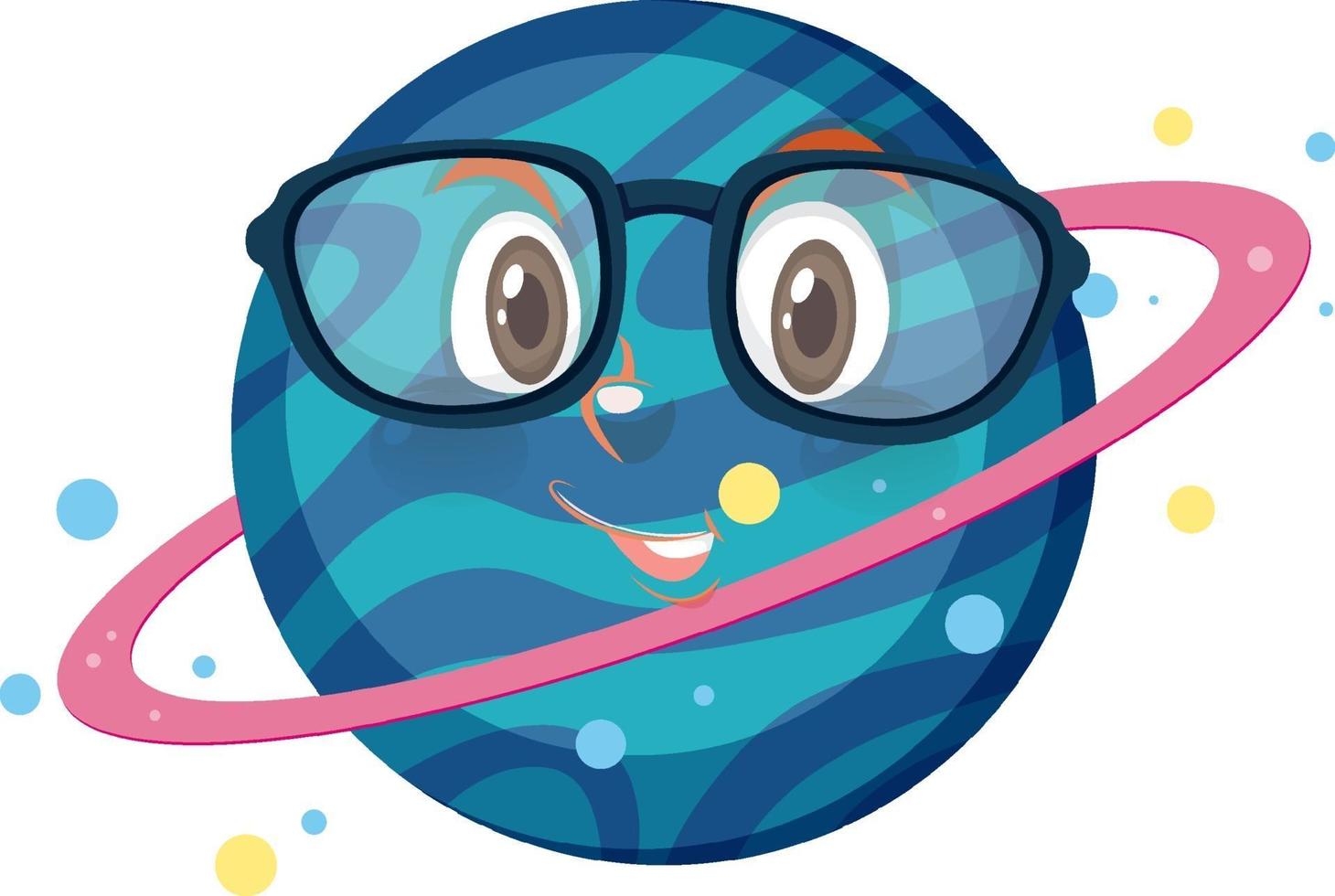 Personaje de dibujos animados de Saturno con gafas sobre fondo blanco. vector