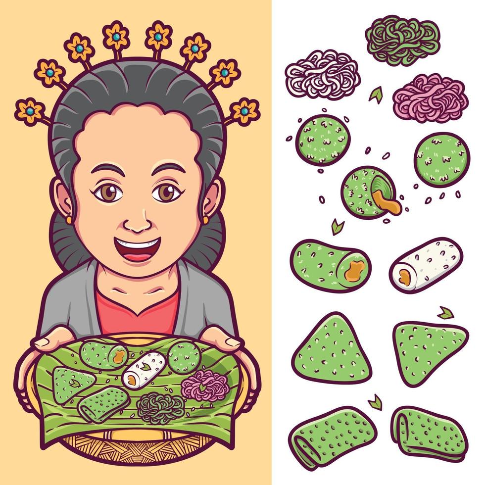 isolated traditional indonesian food set with character illustration vector