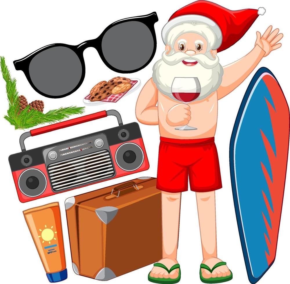 personaje de dibujos animados de santa claus en elemento de verano de playa vector