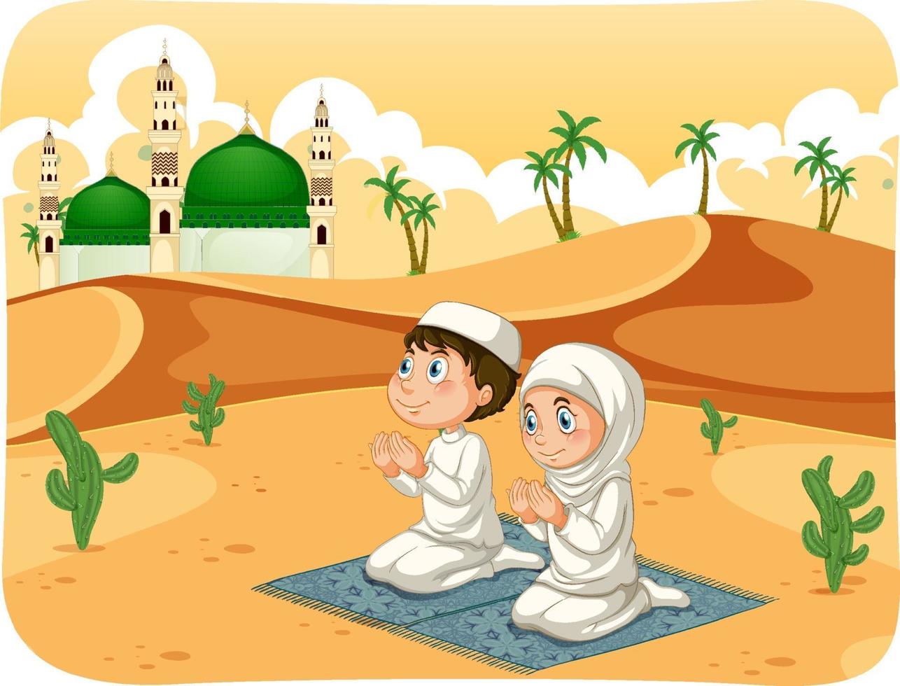 Muslim sister and brother in praying position cartoon character vector