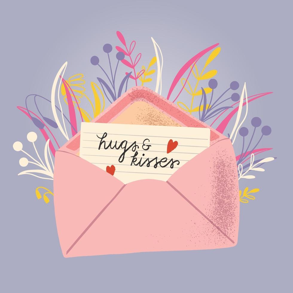 Envelope with love letter. Colorful hand drawn illustration with hand lettering for Happy Valentines day. Greeting card with flowers and decorative elements. vector
