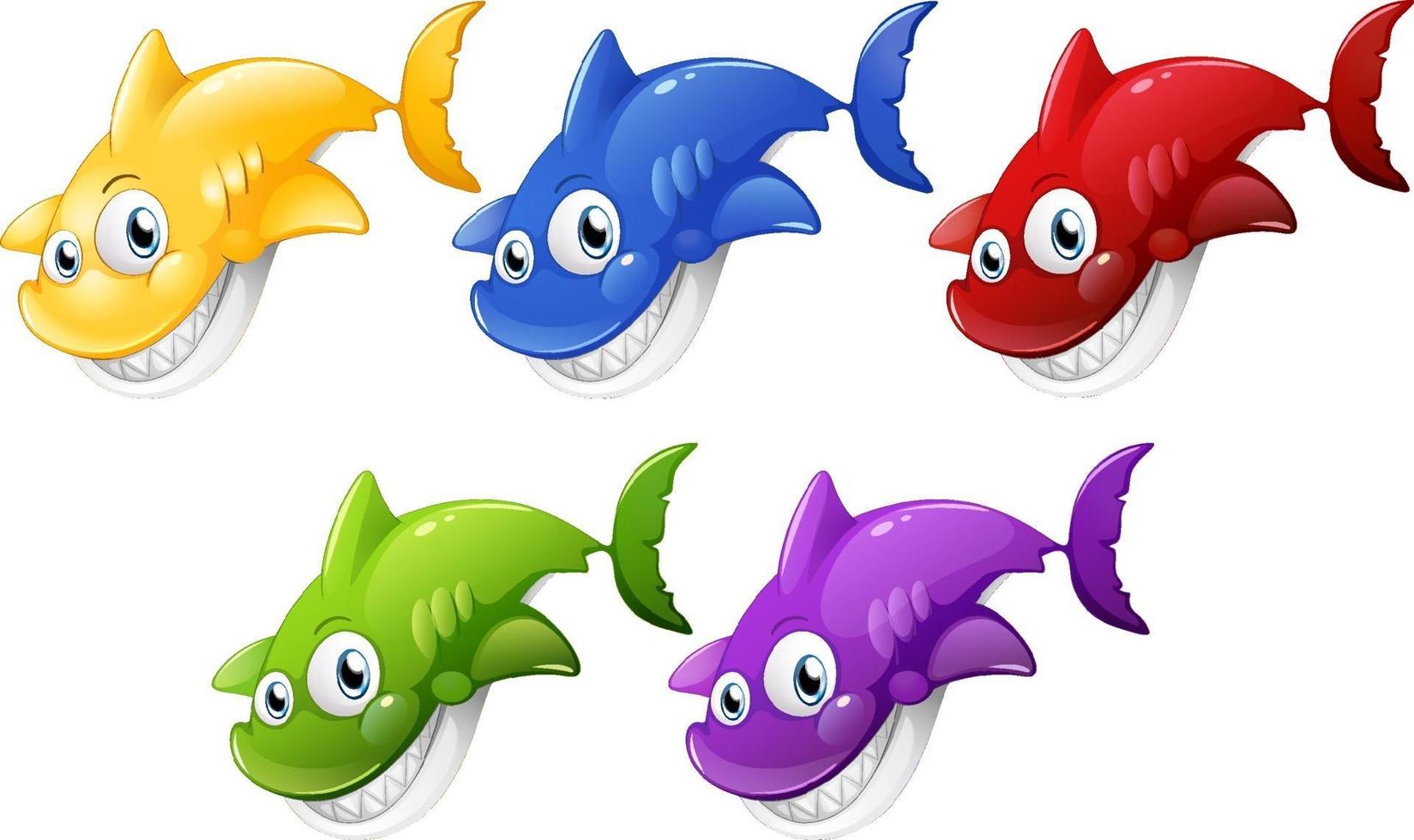 Set of many smiling cute shark cartoon character isolated on white background vector