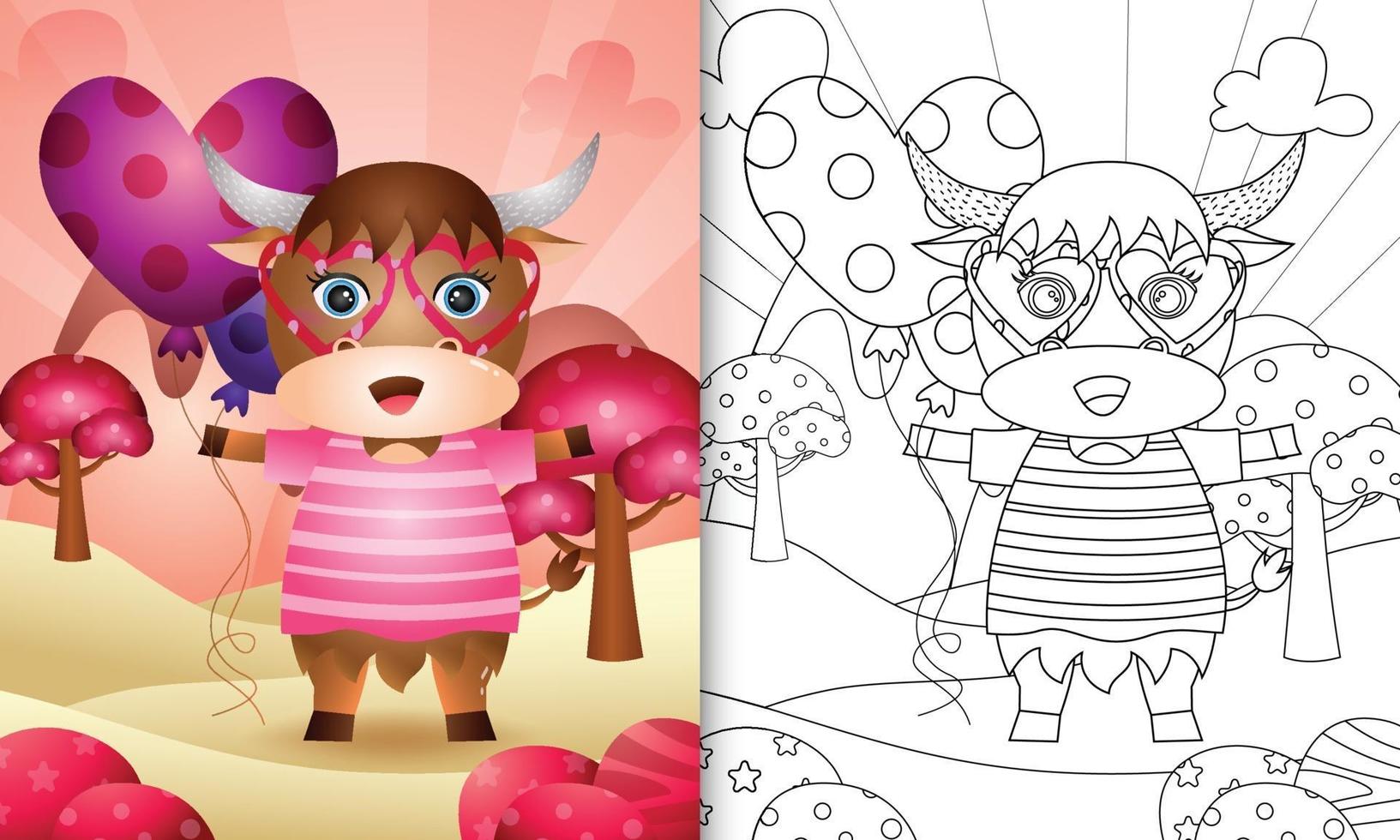 coloring book for kids with a cute buffalo holding balloon for valentine's day vector