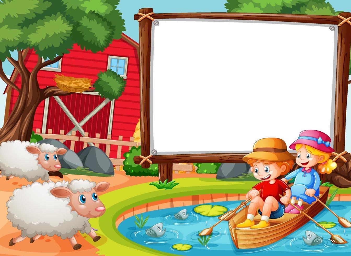 Blank banner in the forest scene with children row the boat vector