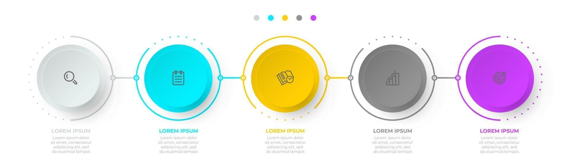 Plantilla de infografías de gradiente circular. procesos de línea de tiempo con 5 opciones, pasos, iconos. ilustración vectorial. vector