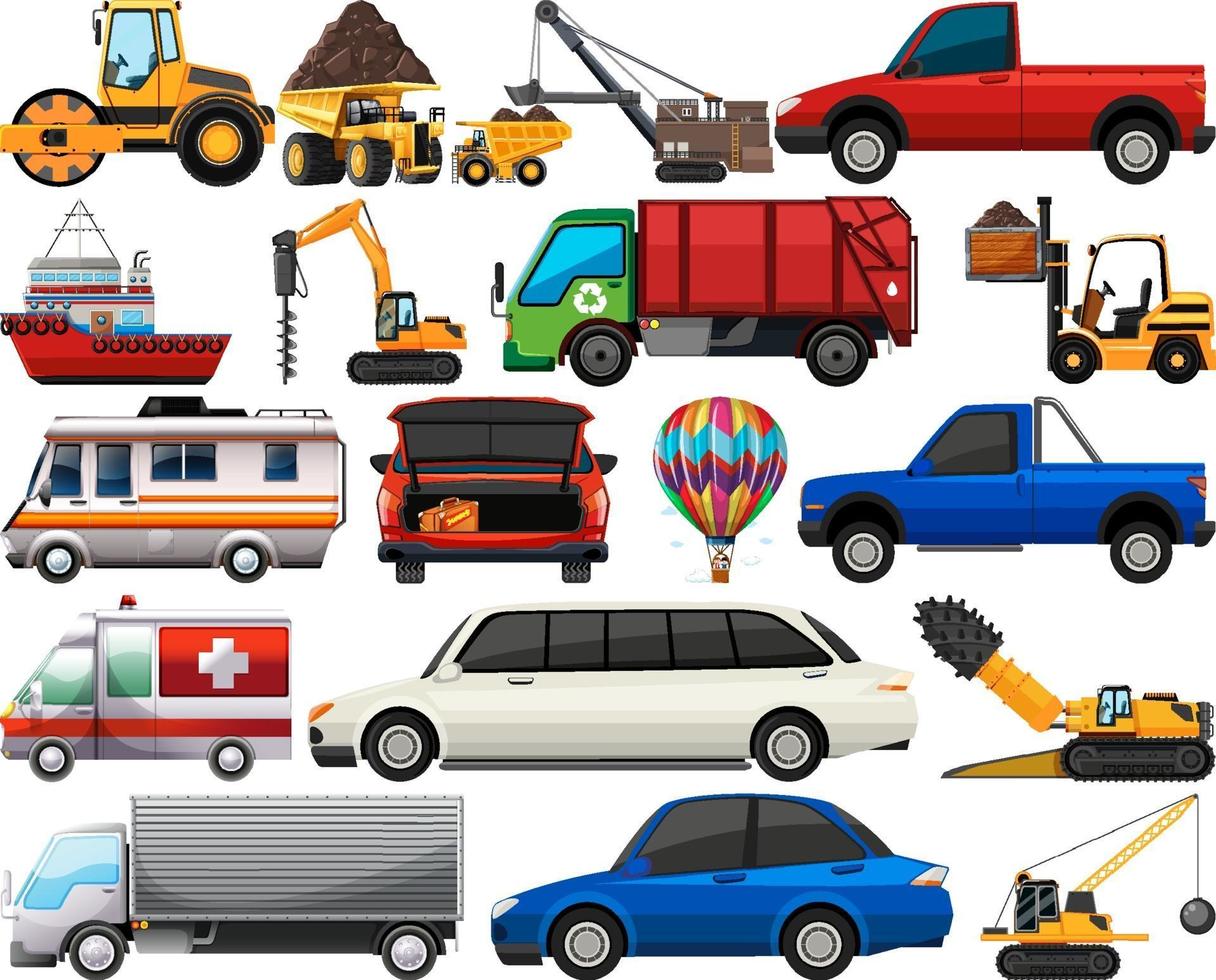 Set of different kind of cars and trucks isolated on white background vector