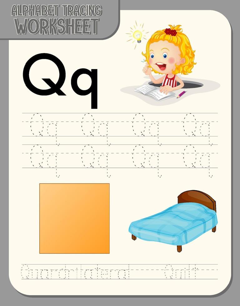 Alphabet tracing worksheet with letter Q and q vector