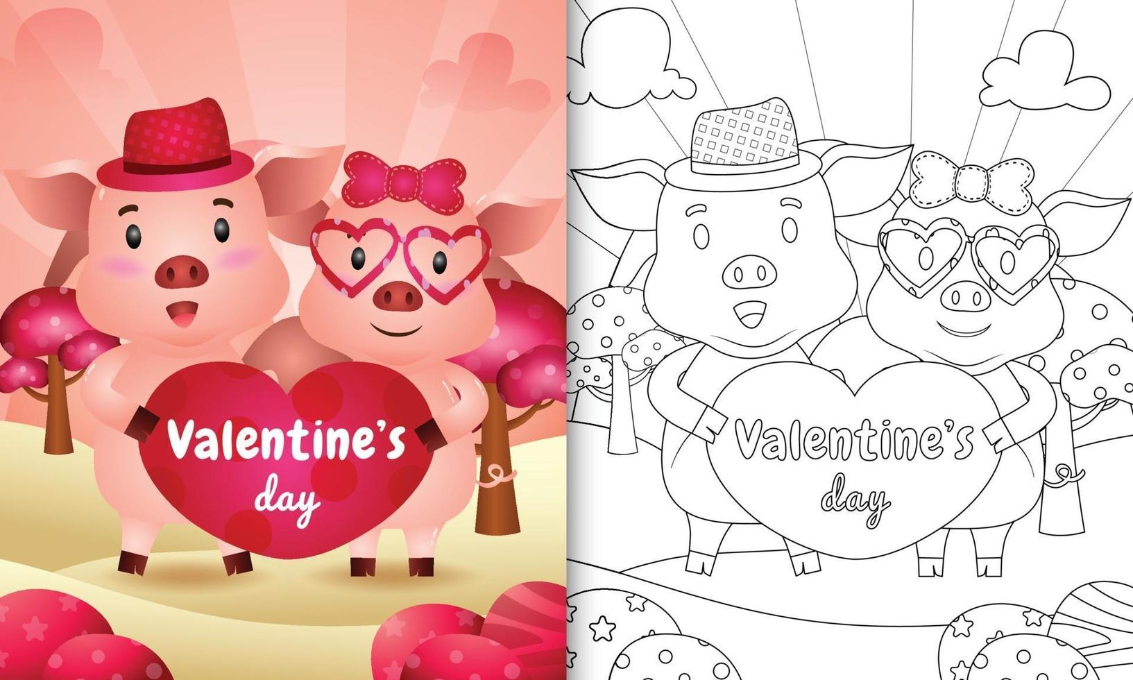 coloring book for kids with Cute valentine's day pig couple illustrated vector