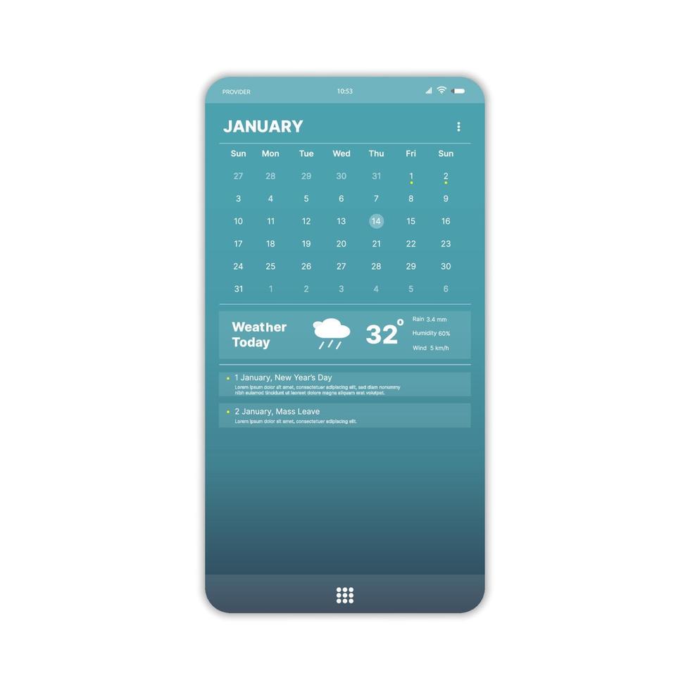 Calendar screen UI, UX, GUI Screen and flat web icons for mobile apps. holiday's information, calendar screen, weather information vector