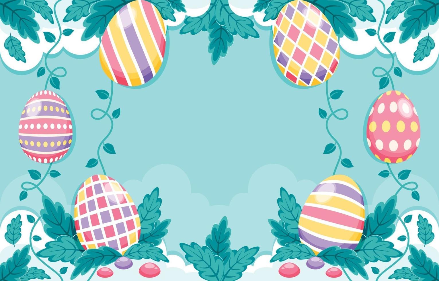 Fondo colorido y hermoso de huevos de pascua con composición de decoración de follajes vector