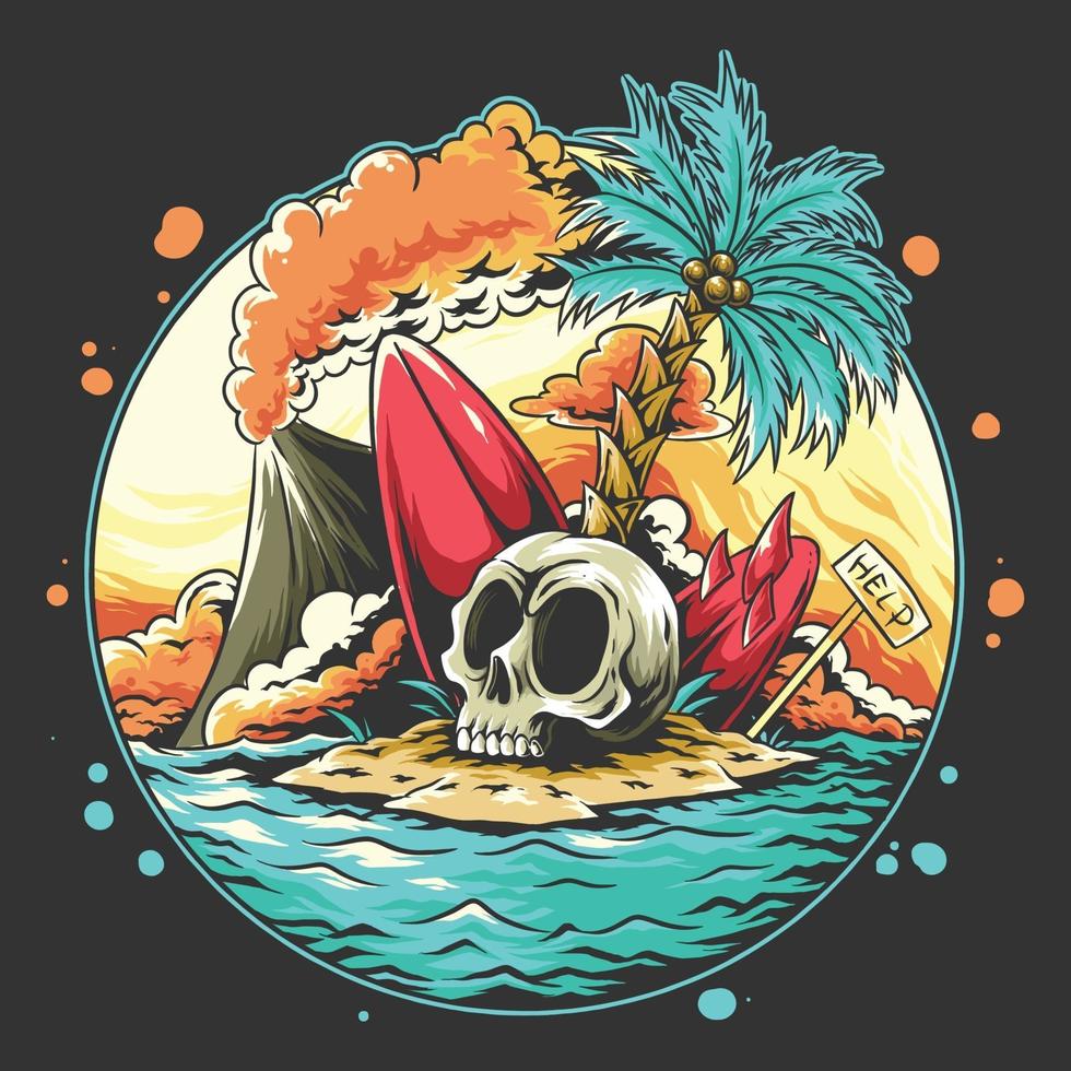 Summer skull head on the beach with a broken surf board vector