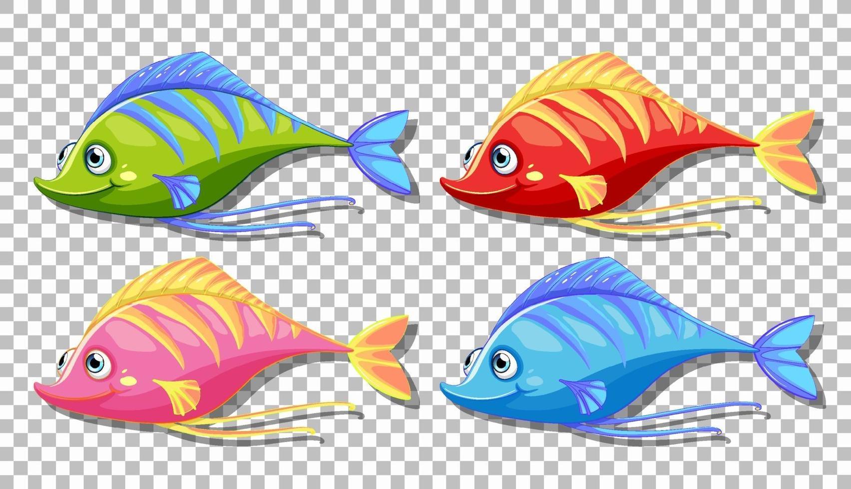 Conjunto de muchos personajes de dibujos animados de peces divertidos aislado sobre fondo transparente vector